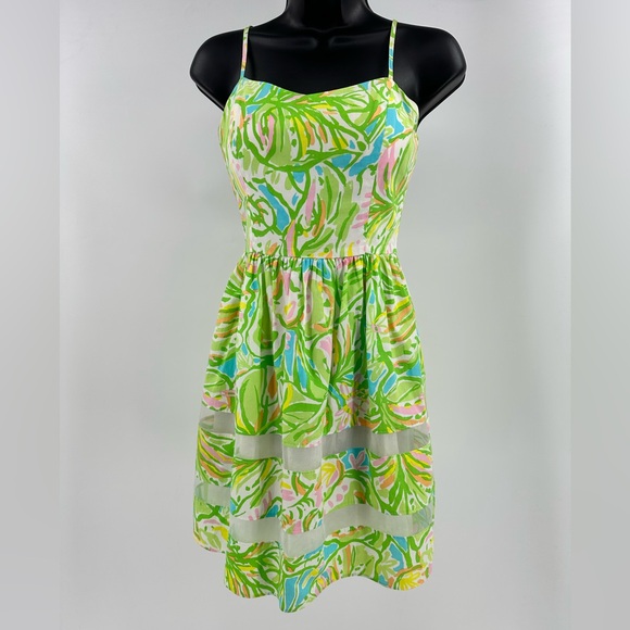 Lilly Pulitzer Ollie Dress in Elephant Ears Green Pink Size 00 Spaghetti Strap - Picture 1 of 11